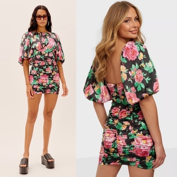 NWT FOR LOVE & LEMONS Floral Satin Puff Sleeve Open Back Ruched Bodycon Dress S - Picture 3 of 14